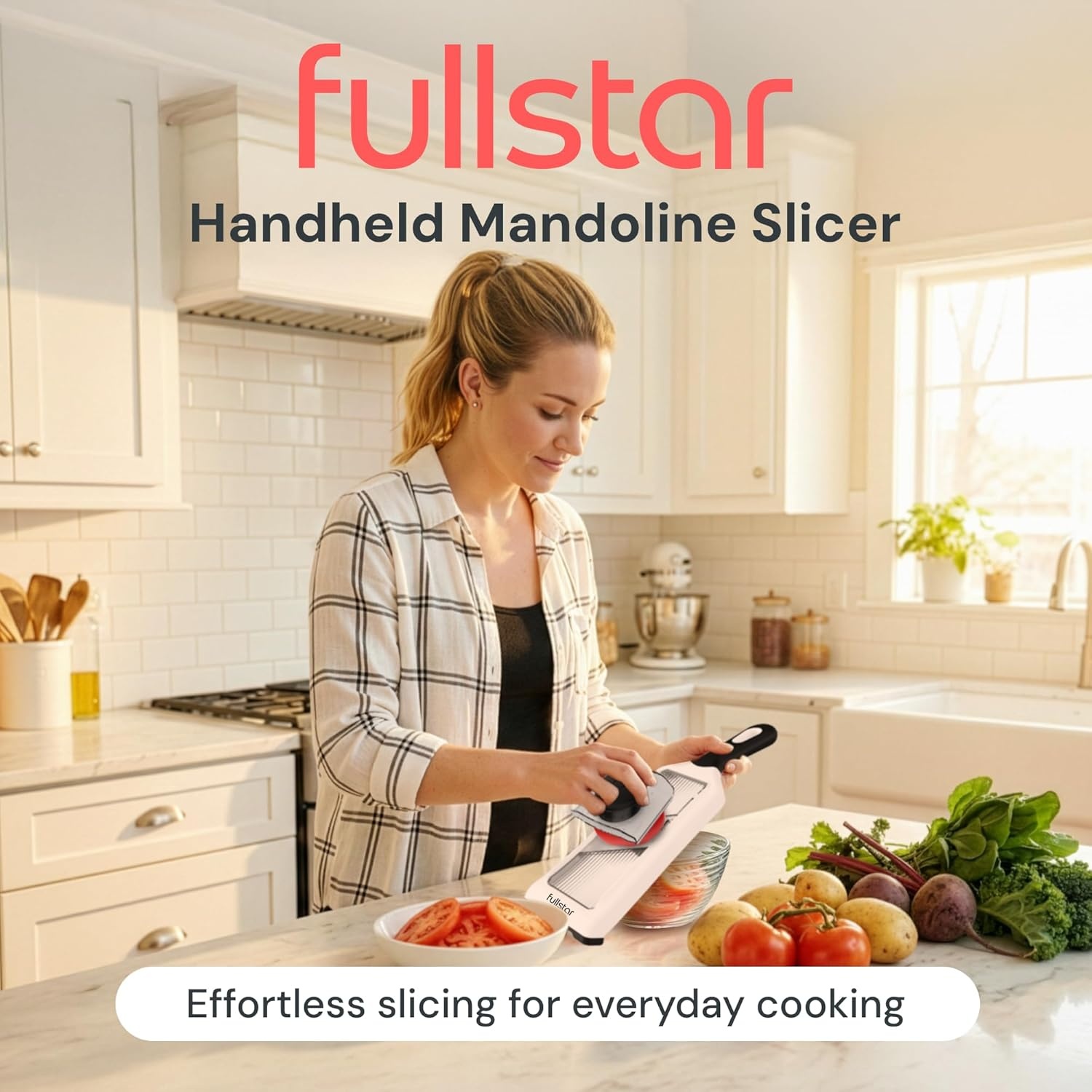 image:imageFullstar Handheld Mandoline Vegetable Slicer amp Julienne Cutter 2 in 1 Onion Veggie amp Fruit Slicer 4 Thickness Settings with Stainless Steel Guard for Easy amp Safer Slicing WhiteWhite