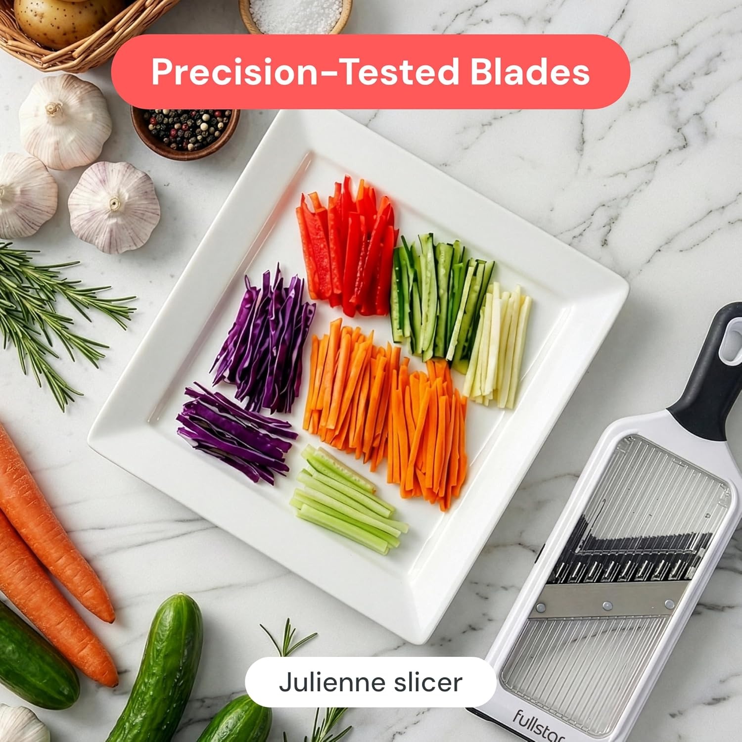 image:imageFullstar Handheld Mandoline Vegetable Slicer amp Julienne Cutter 2 in 1 Onion Veggie amp Fruit Slicer 4 Thickness Settings with Stainless Steel Guard for Easy amp Safer Slicing WhiteWhite