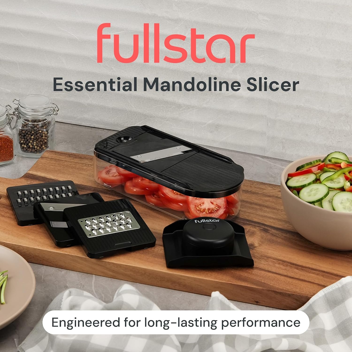 image:imageFullstar Essential Mandoline Vegetable Slicer amp Julienne Cutter 4 in 1 Compact Fruit Cutter Cucumber Slicer amp Cheese Grater with Stainless Steel Blades Guard amp 3Cup Container BlackBlack