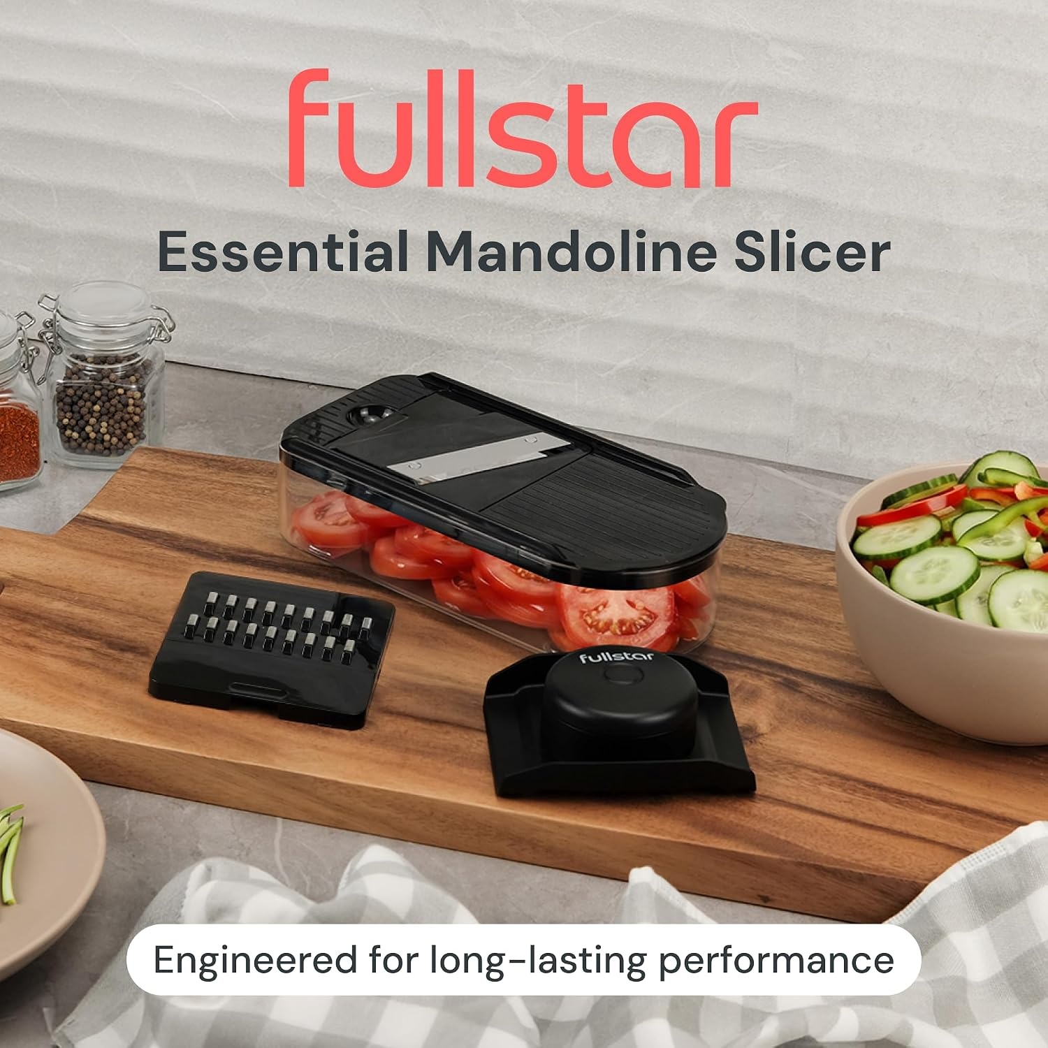 image:imageFullstar Essential Mandoline Vegetable Slicer amp Julienne Cutter 4 in 1 Compact Fruit Cutter Cucumber Slicer amp Cheese Grater with Stainless Steel Blades Guard amp 3Cup Container BlackBlack