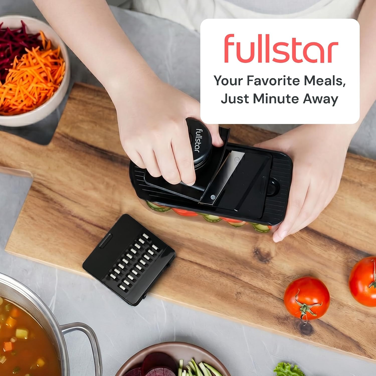 image:imageFullstar Essential Mandoline Vegetable Slicer amp Julienne Cutter 4 in 1 Compact Fruit Cutter Cucumber Slicer amp Cheese Grater with Stainless Steel Blades Guard amp 3Cup Container BlackBlack