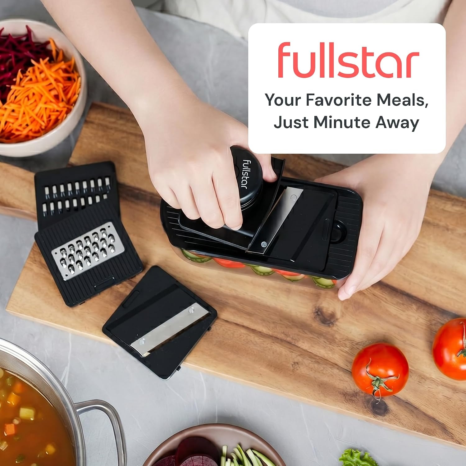 image:imageFullstar Essential Mandoline Vegetable Slicer amp Julienne Cutter 4 in 1 Compact Fruit Cutter Cucumber Slicer amp Cheese Grater with Stainless Steel Blades Guard amp 3Cup Container BlackBlack