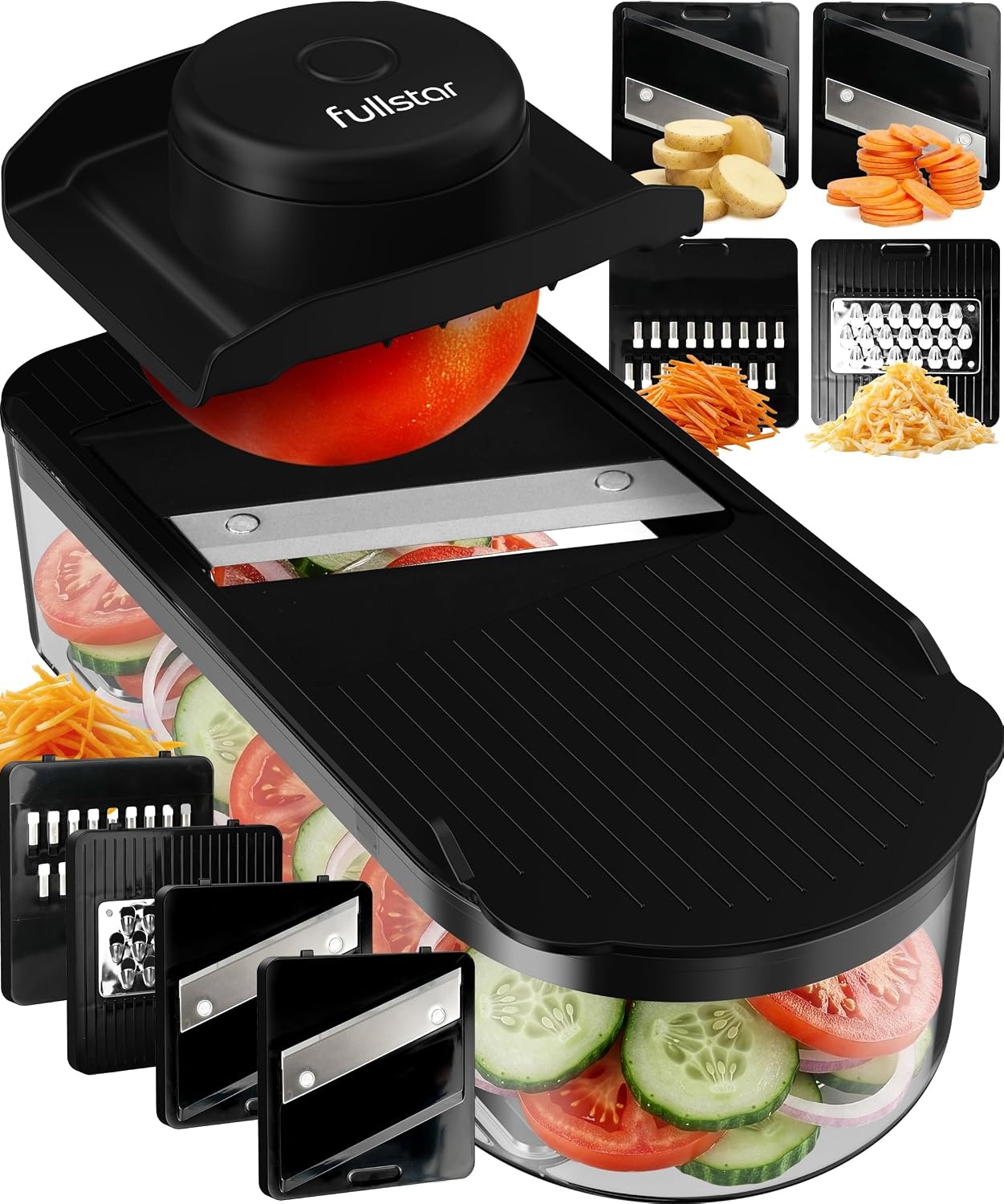 image:imageFullstar Essential Mandoline Vegetable Slicer amp Julienne Cutter 4 in 1 Compact Fruit Cutter Cucumber Slicer amp Cheese Grater with Stainless Steel Blades Guard amp 3Cup Container BlackBlack