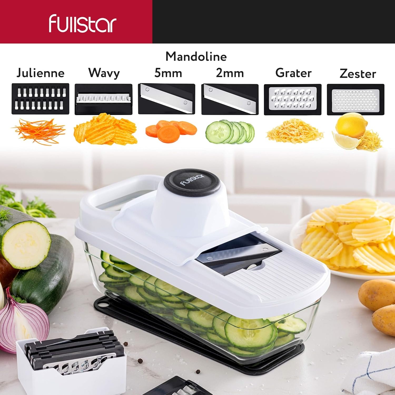 image:imageFullstar Mandoline Slicer for Kitchen Fruit Cutter Cheese Grater Cucumber Slicer Food Cutter amp Kitchen Gadgets 7 in 1 White