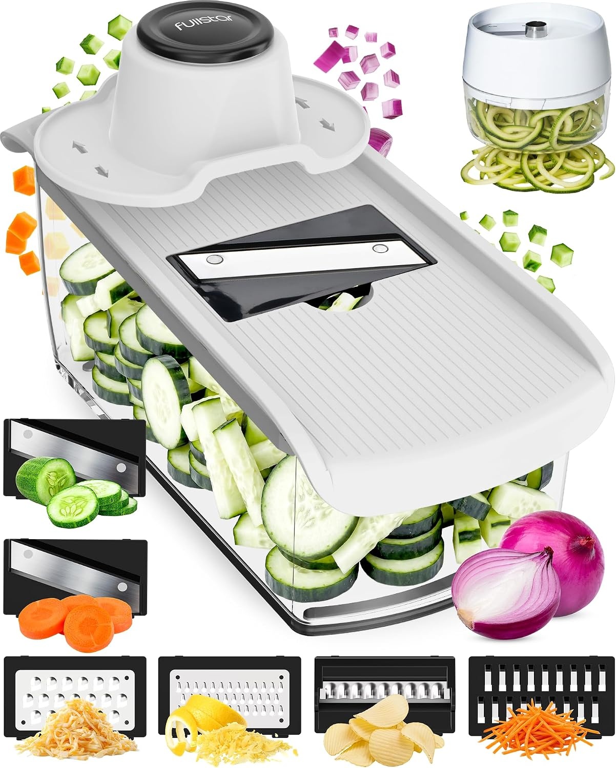 image:imageFullstar Pro Mandoline Vegetable Slicer Grater amp Spiralizer with Container 6 in 1 Fruit Cutter Cheese Grater amp Spiralizer with Safety Gloves Stainless Steel Blades amp Container WhiteWhite