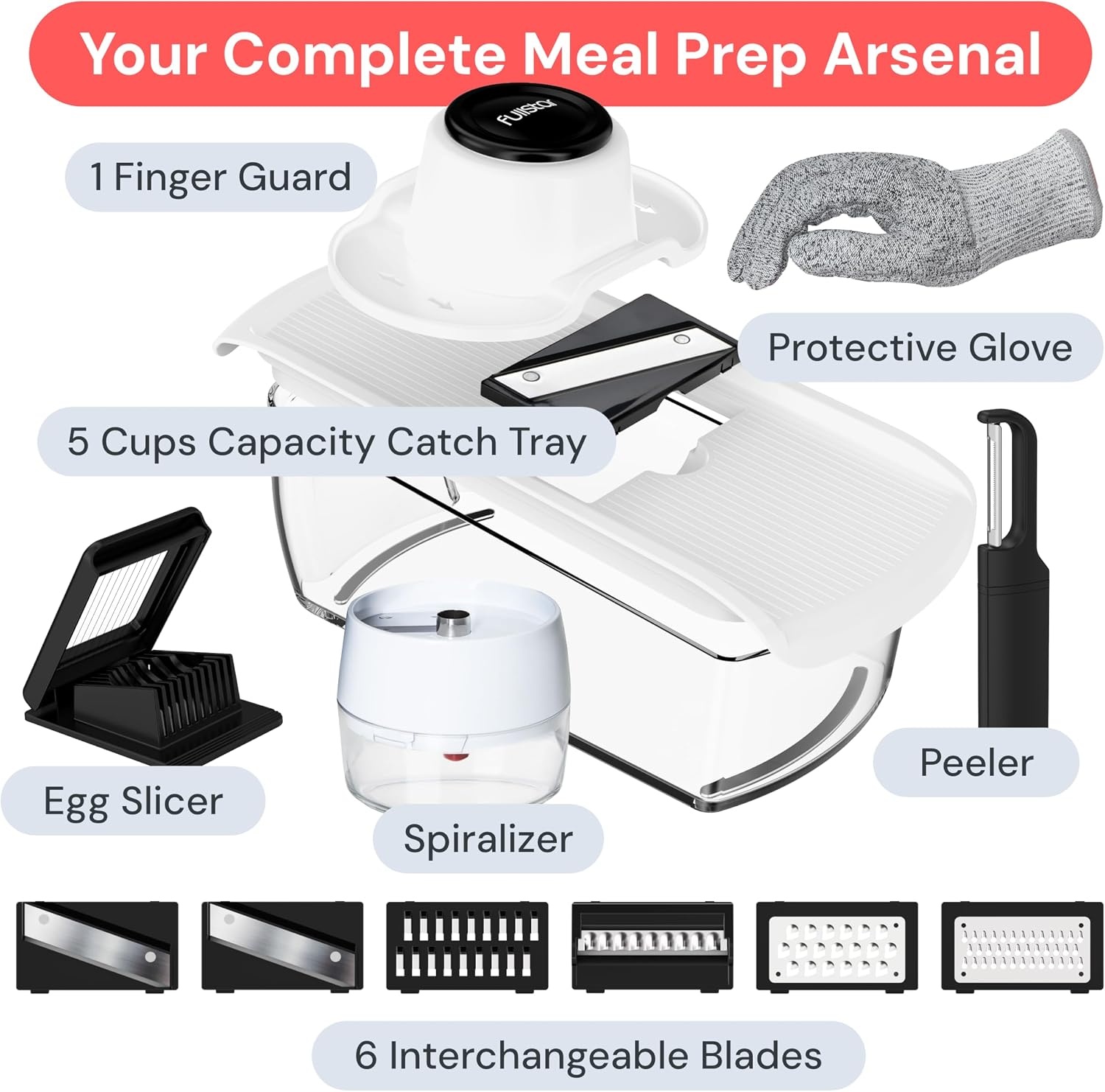 image:imageFullstar Pro Mandoline Vegetable Slicer Grater amp Spiralizer with Container 6 in 1 Fruit Cutter Cheese Grater amp Spiralizer with Safety Gloves Stainless Steel Blades amp Container WhiteWhite