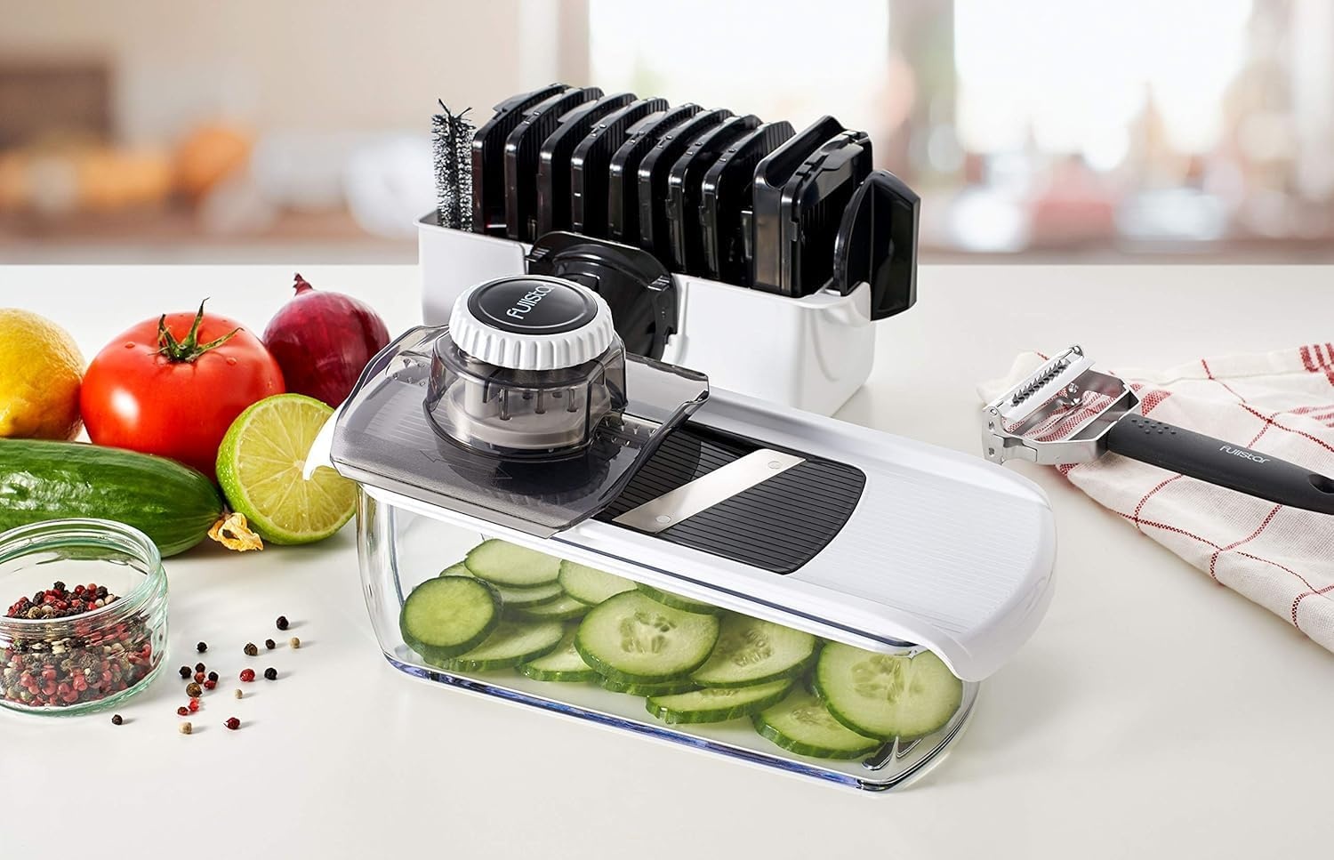 image:imageFullstar Pro Mandoline Vegetable Slicer Grater amp Spiralizer with Container 6 in 1 Fruit Cutter Cheese Grater amp Spiralizer with Safety Gloves Stainless Steel Blades amp Container WhiteWhiteBlack