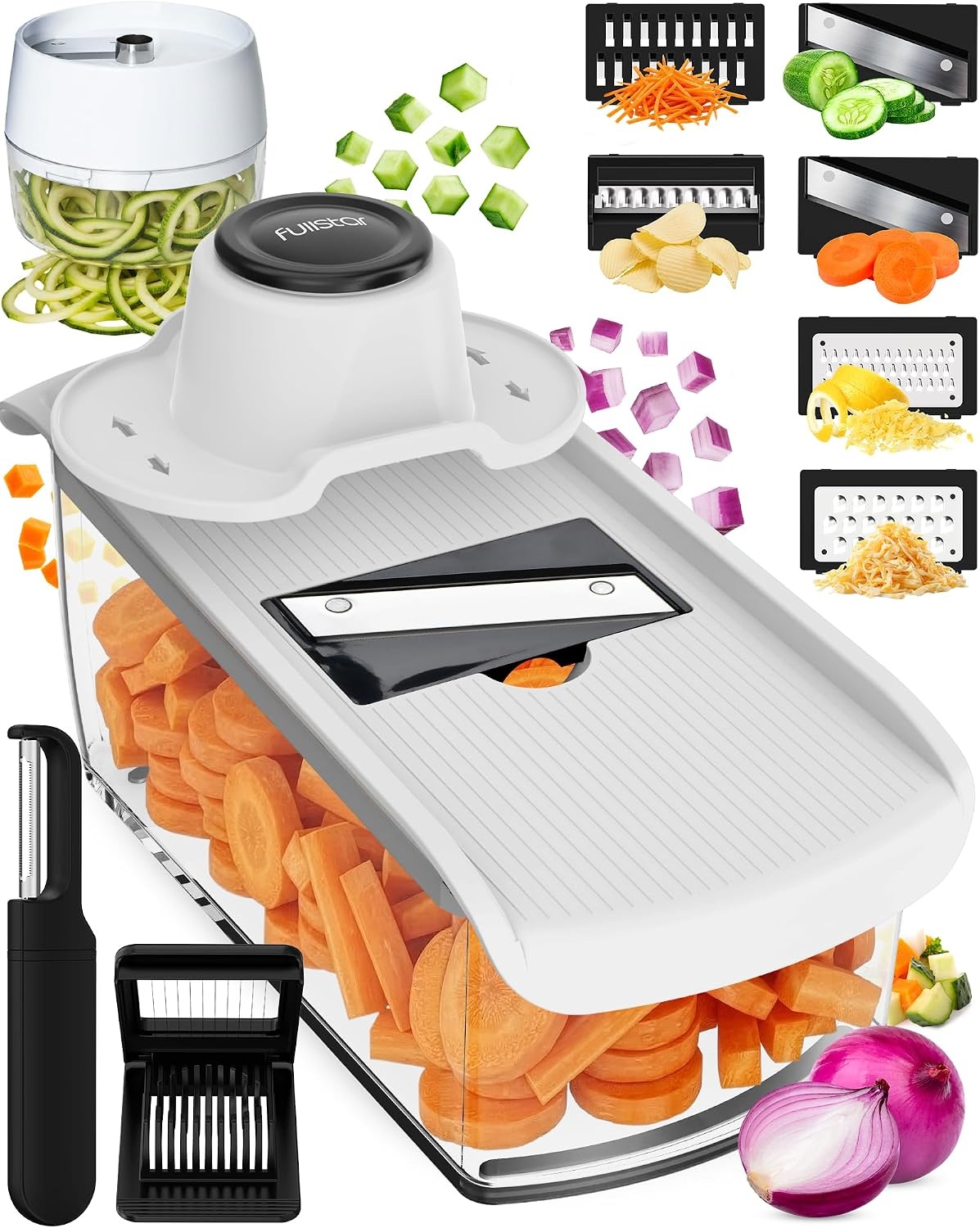 image:imageFullstar Pro Mandoline Vegetable Slicer Grater amp Spiralizer with Container 6 in 1 Fruit Cutter Cheese Grater amp Spiralizer with Safety Gloves Stainless Steel Blades amp Container WhiteWhite