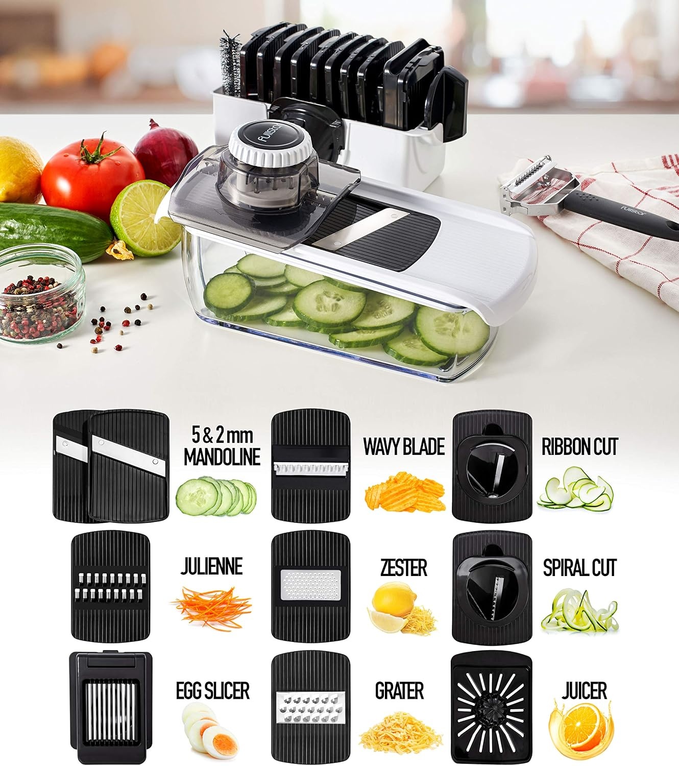 image:imageFullstar Pro Mandoline Vegetable Slicer Grater amp Spiralizer with Container 6 in 1 Fruit Cutter Cheese Grater amp Spiralizer with Safety Gloves Stainless Steel Blades amp Container WhiteWhiteBlack