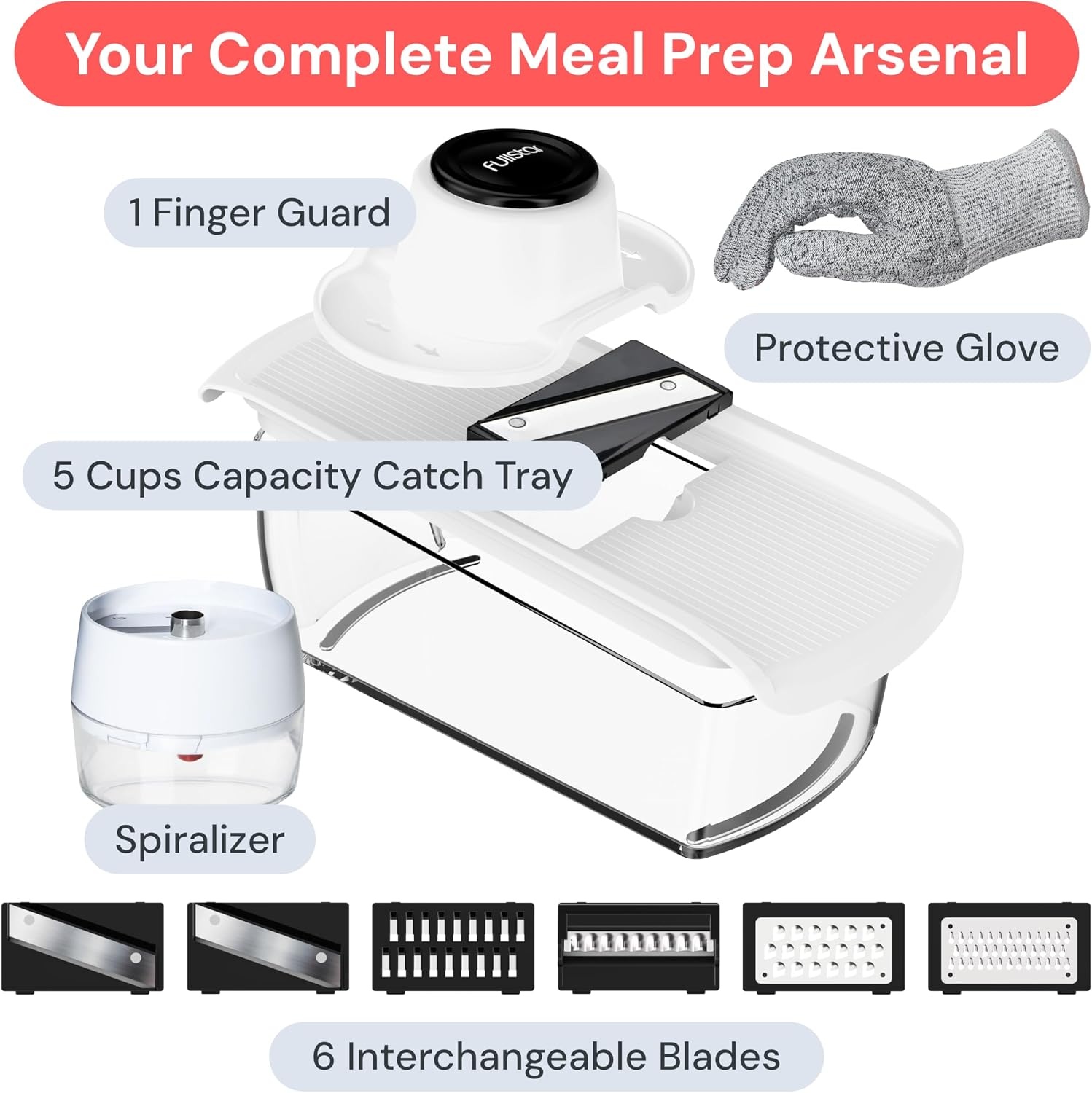 image:imageFullstar Pro Mandoline Vegetable Slicer Grater amp Spiralizer with Container 6 in 1 Fruit Cutter Cheese Grater amp Spiralizer with Safety Gloves Stainless Steel Blades amp Container WhiteWhite