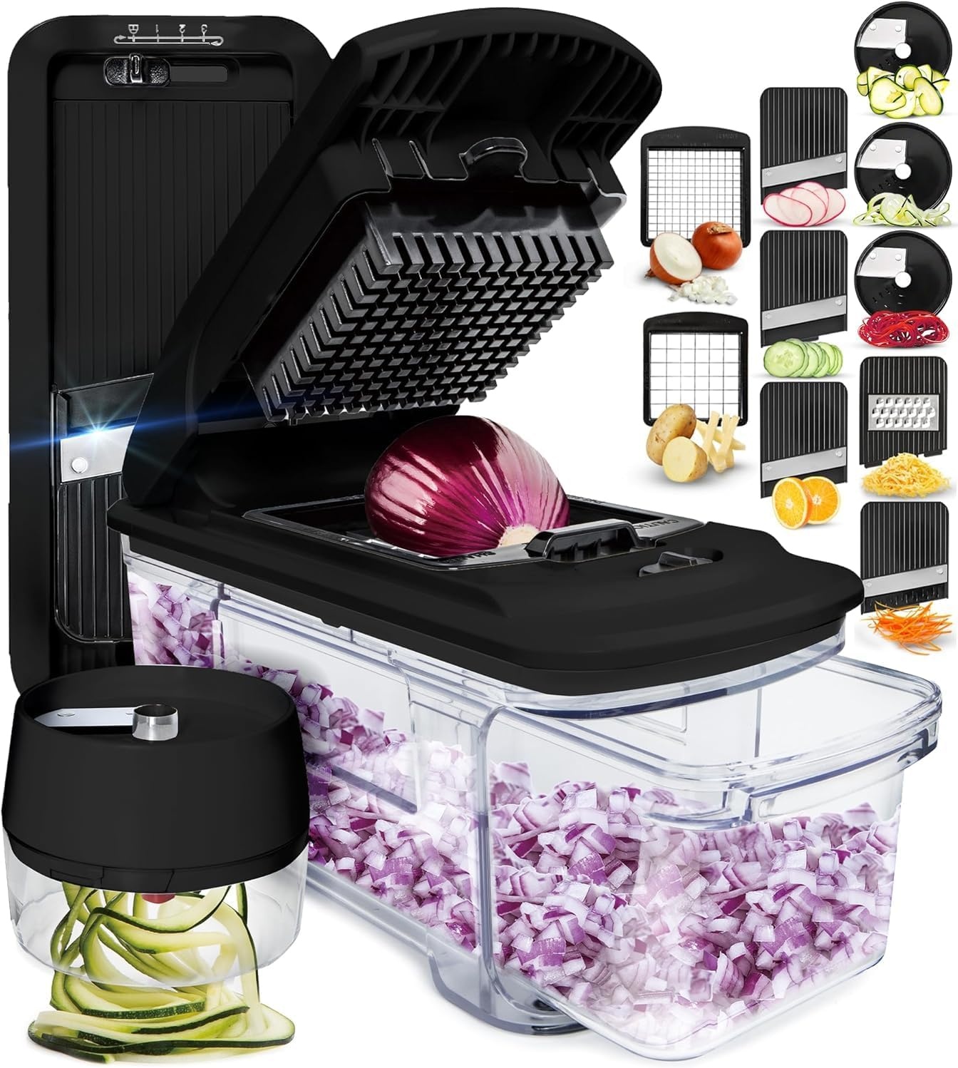 image:imageFullstar Pro XL Vegetable Chopper amp Mandoline Slicer w PullOut Catch Tray 4 in 1 Veggie Onion amp Fruit Slicer Dicer amp Grater with Sharp Stainless Steel Blades XL Food Prep Set WhiteBlack
