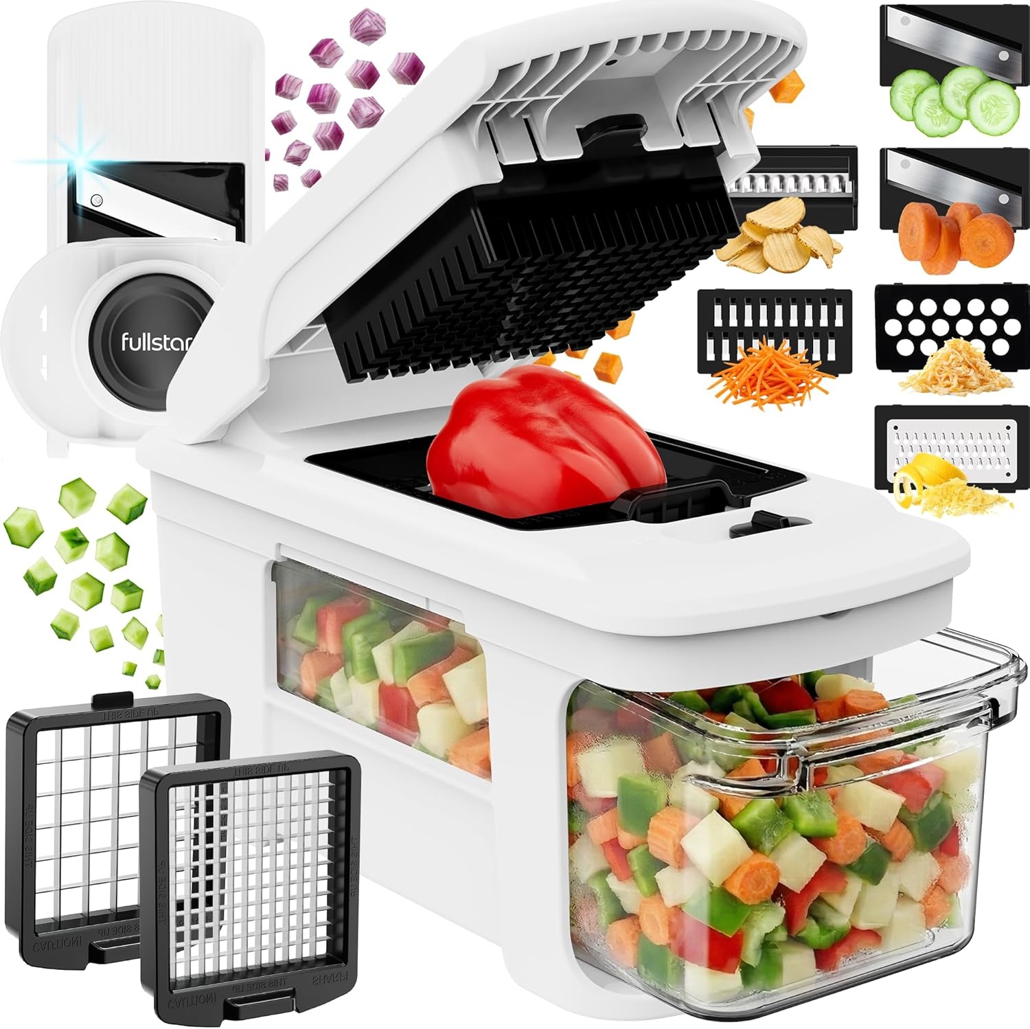 image:imageFullstar Pro XL Vegetable Chopper amp Mandoline Slicer w PullOut Catch Tray 4 in 1 Veggie Onion amp Fruit Slicer Dicer amp Grater with Sharp Stainless Steel Blades XL Food Prep Set WhiteWhite