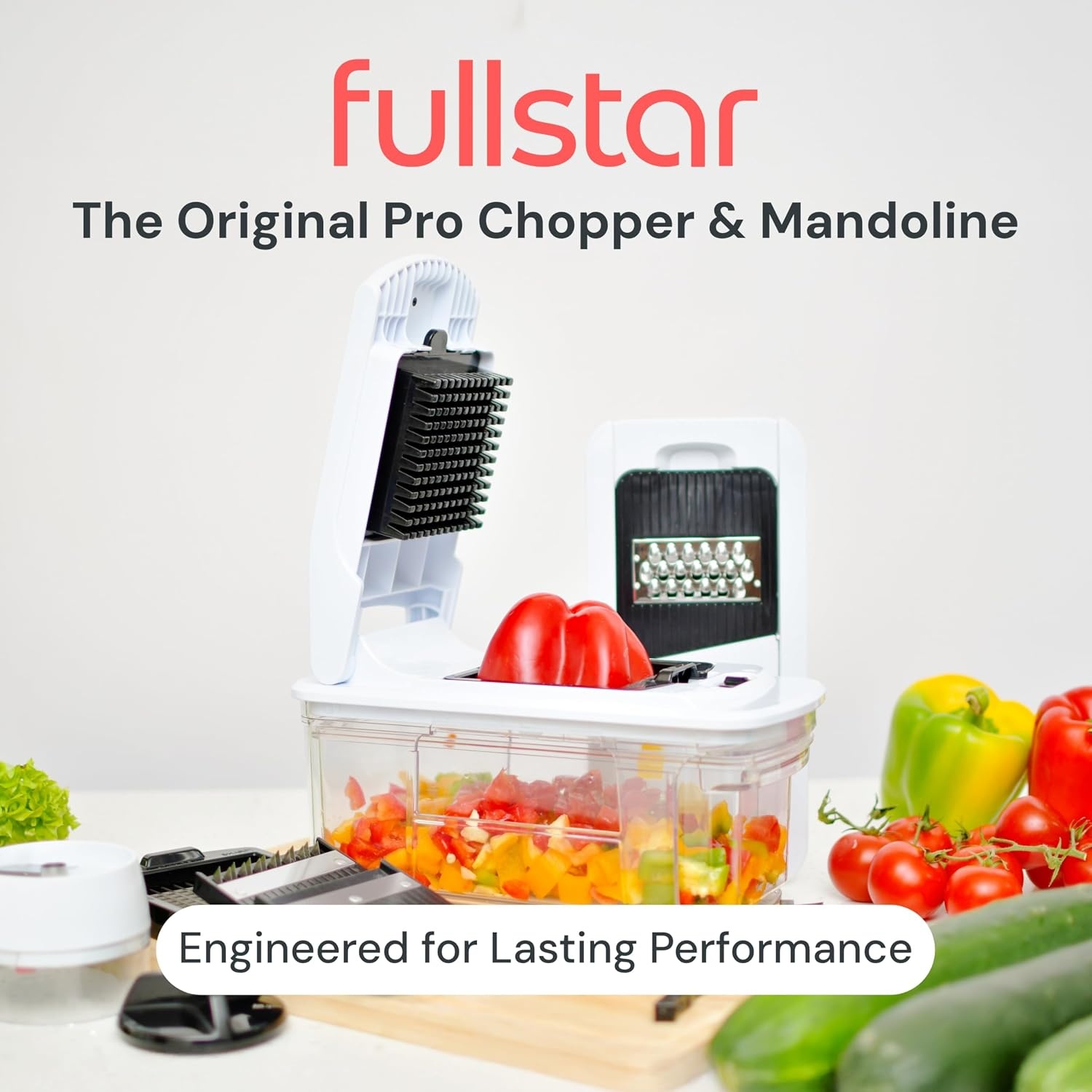 image:imageFullstar Pro XL Vegetable Chopper amp Mandoline Slicer w PullOut Catch Tray 4 in 1 Veggie Onion amp Fruit Slicer Dicer amp Grater with Sharp Stainless Steel Blades XL Food Prep Set WhiteBlack