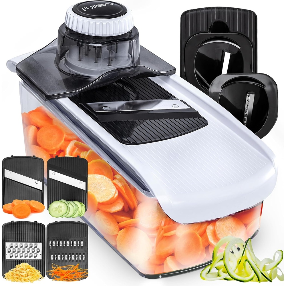 image:imageFullstar Pro Mandoline Vegetable Slicer Grater amp Spiralizer with Container 6 in 1 Fruit Cutter Cheese Grater amp Spiralizer with Safety Gloves Stainless Steel Blades amp Container WhiteWhite