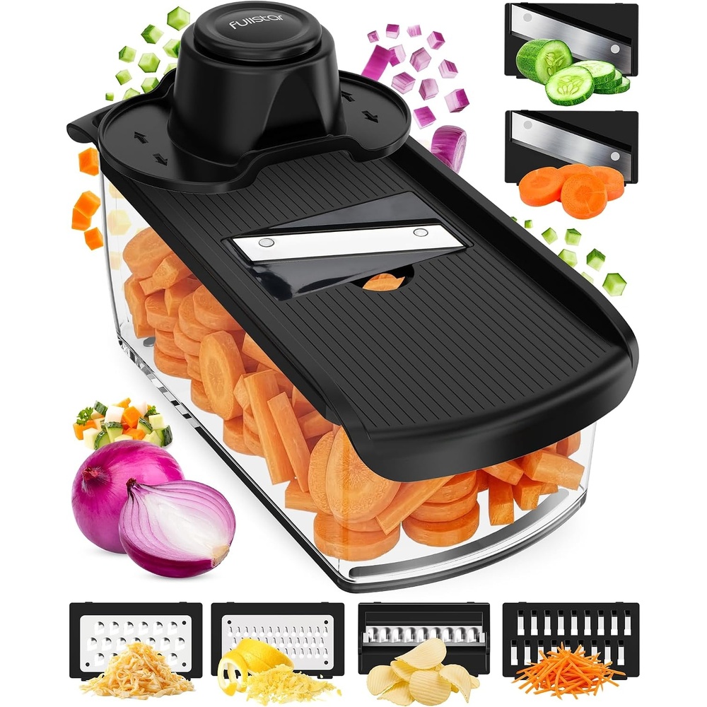 image:imageFullstar Pro Mandoline Vegetable Slicer Grater amp Spiralizer with Container 6 in 1 Fruit Cutter Cheese Grater amp Spiralizer with Safety Gloves Stainless Steel Blades amp Container WhiteBlack