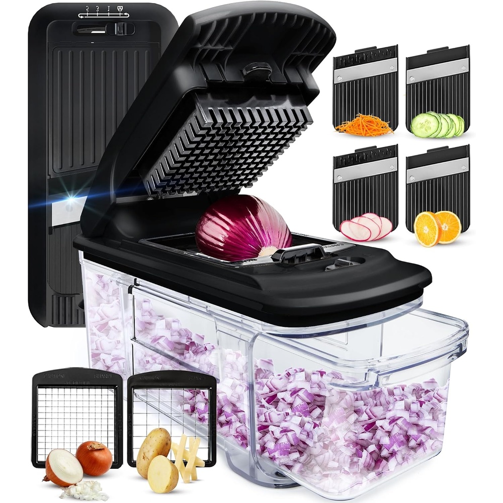 image:imageFullstar Pro XL Vegetable Chopper amp Mandoline Slicer w PullOut Catch Tray 4 in 1 Veggie Onion amp Fruit Slicer Dicer amp Grater with Sharp Stainless Steel Blades XL Food Prep Set WhiteBlack