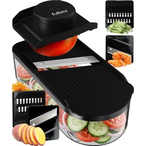 Fullstar Essential Mandoline Vegetable Slicer & Julienne Cutter | 4 in 1 Compact Fruit Cutter, Cucumber Slicer & Cheese Grater, with Stainless Steel Blades, Guard & 3-Cup Container (Black)(Black)