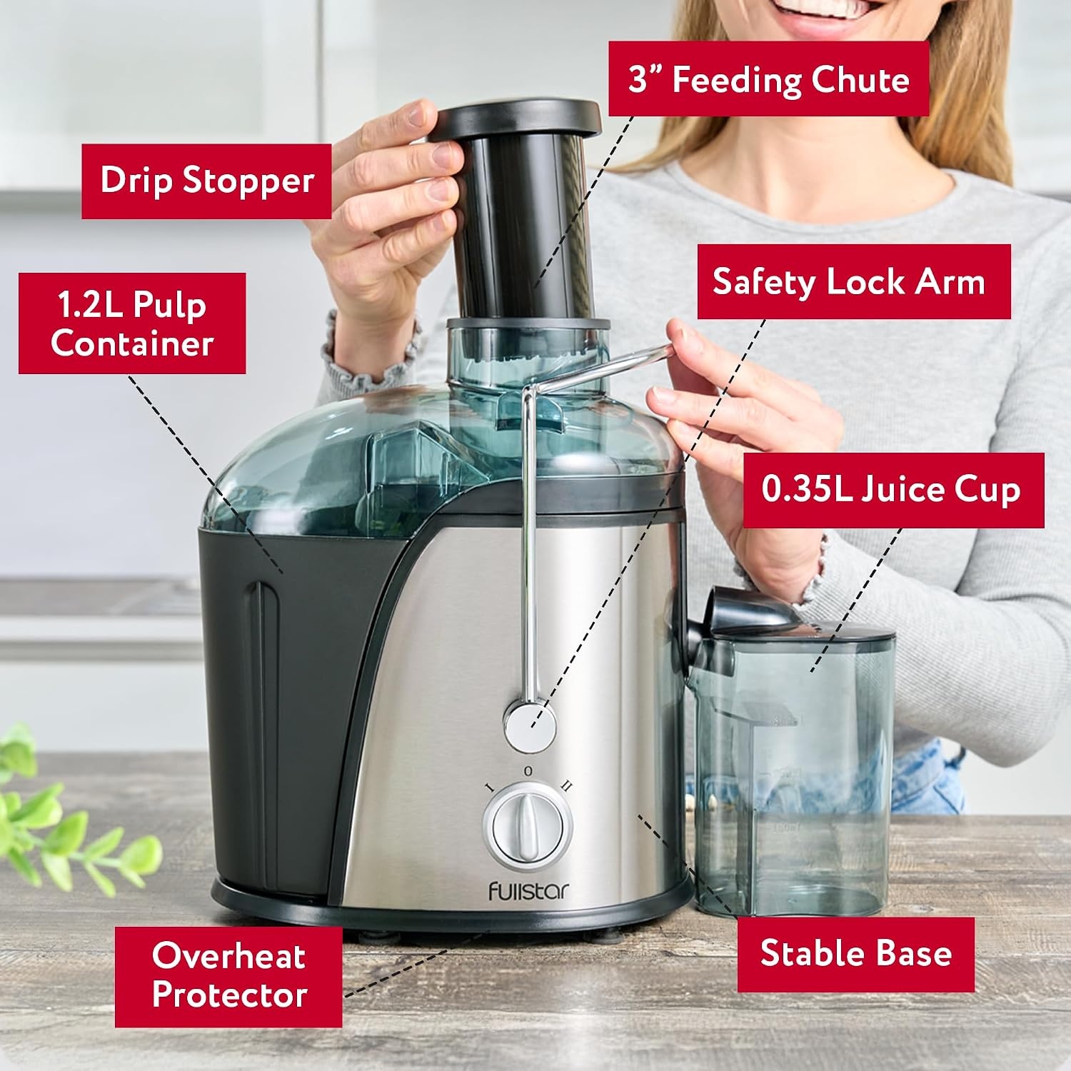 image:imageFullstar Juicer Machines Vegetable and Fruit 400W Compact Juicer 3 Wide Mouth 2Speed Setting Stainless Steel BPAFree Black